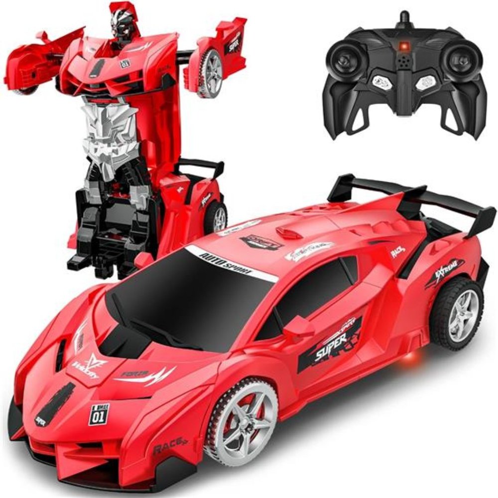 Remote Control Car,  RC Deformation Robot Car Toy with LED Light For Kids (Red)